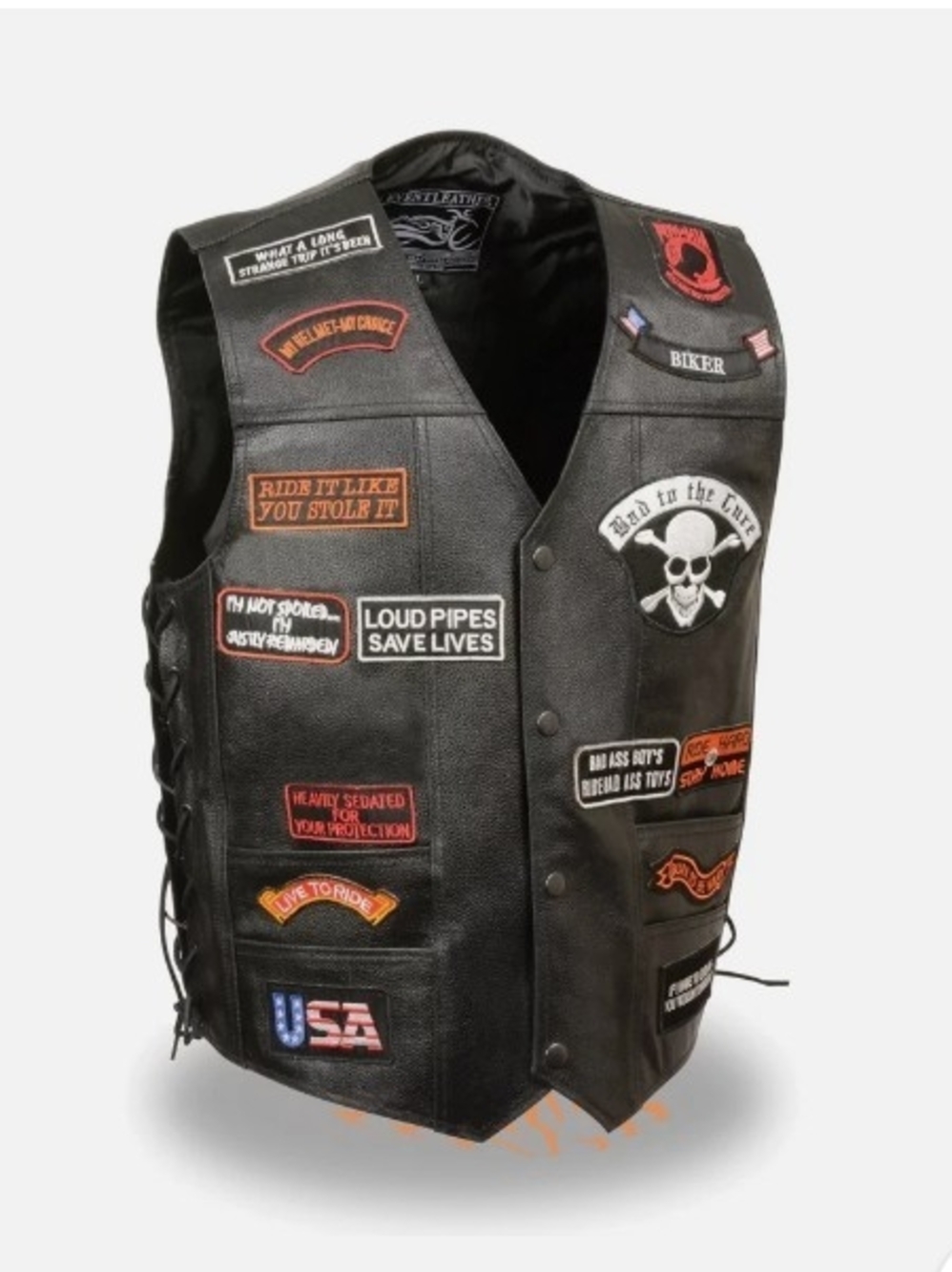 Men's Black Leather Biker Vest with 23 Embroidered Patches
